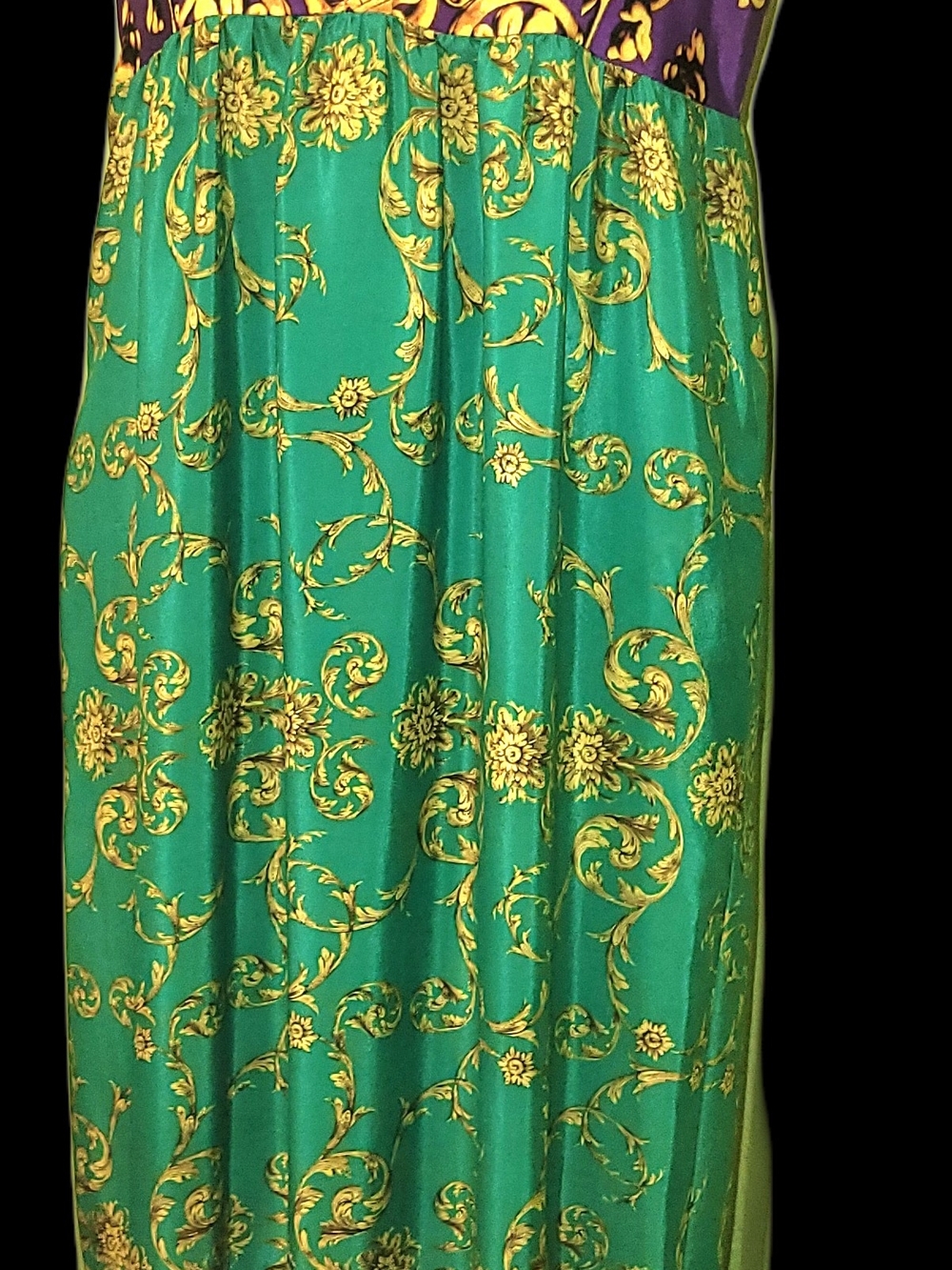 Beige by eci Green and Gold Baroque Maxi Dress